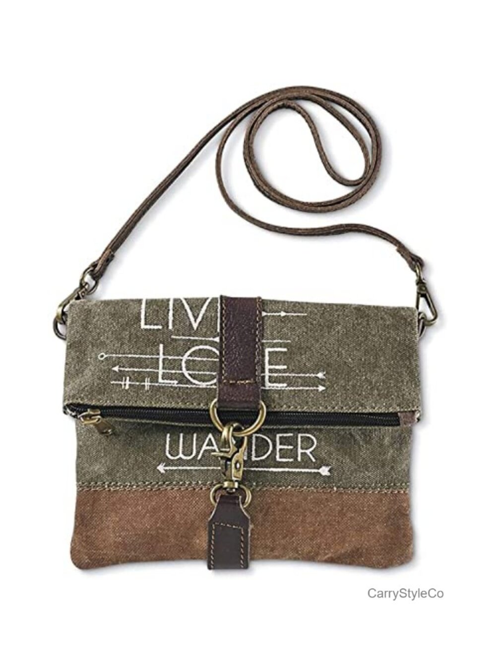 Upcycled Canvas Crossbody Bag, Fold-Over Zip, Detachable Strap